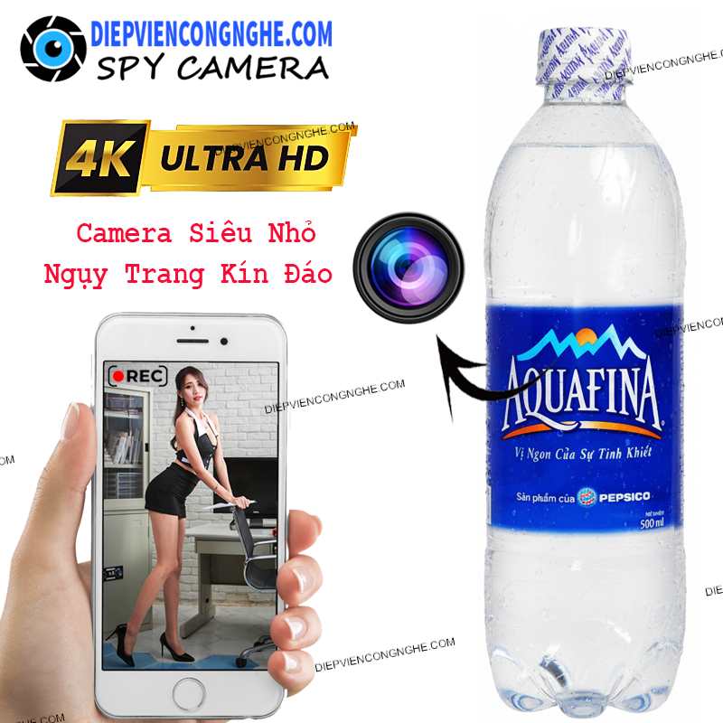 Camera Ngụy Trang Chai Nước Suối AQUA390 4K Wifi Xem Từ Xa Siêu Nét
